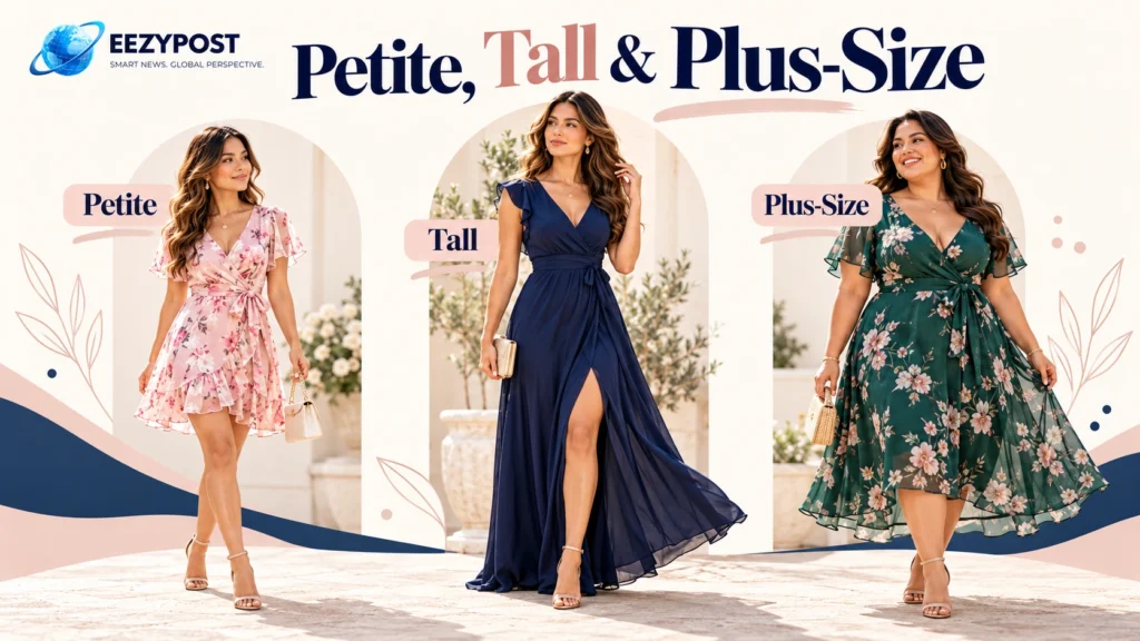 Three models wearing pink short, navy long and green floral dresses for different sizes and heights