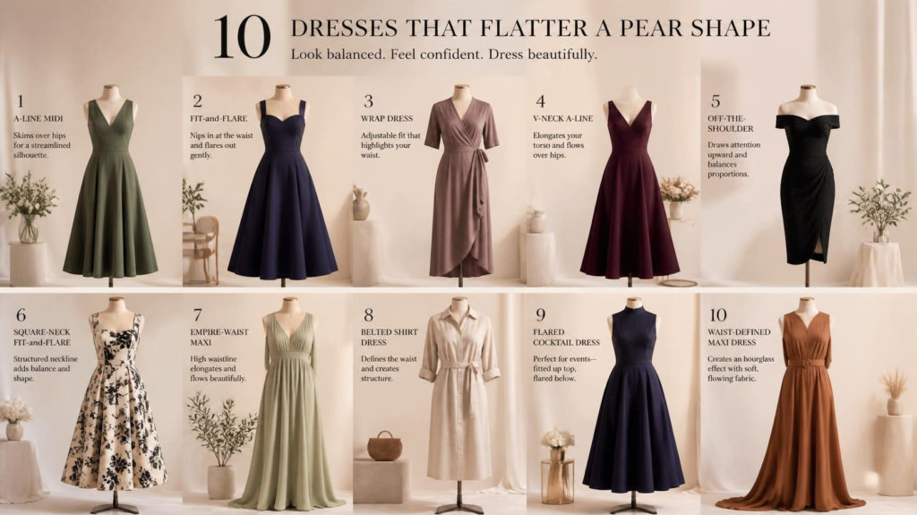 Ten dress silhouettes for pear-shaped body styling