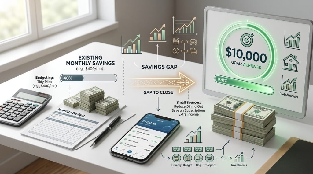Budget and savings plan showing how to close a $10,000 savings gap
