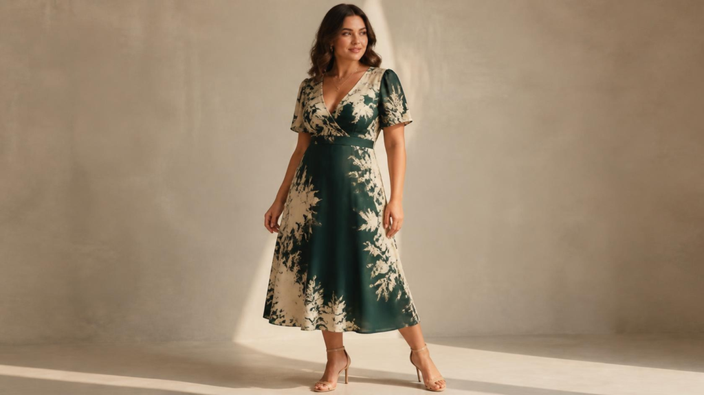 A-line midi dress with defined waist on a pear-shaped body
