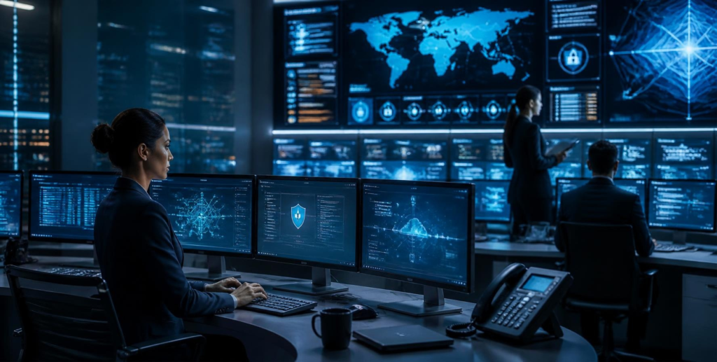 Cybersecurity specialists monitoring secure AI systems and enterprise access controls.