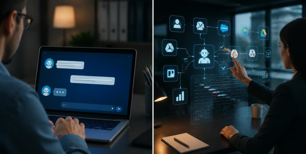 Comparison between a traditional chatbot and an advanced AI agent performing automated workflows.