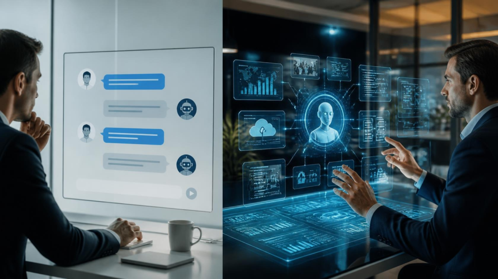 Comparison between a simple AI chatbot conversation and an advanced AI agent managing multiple workflows.