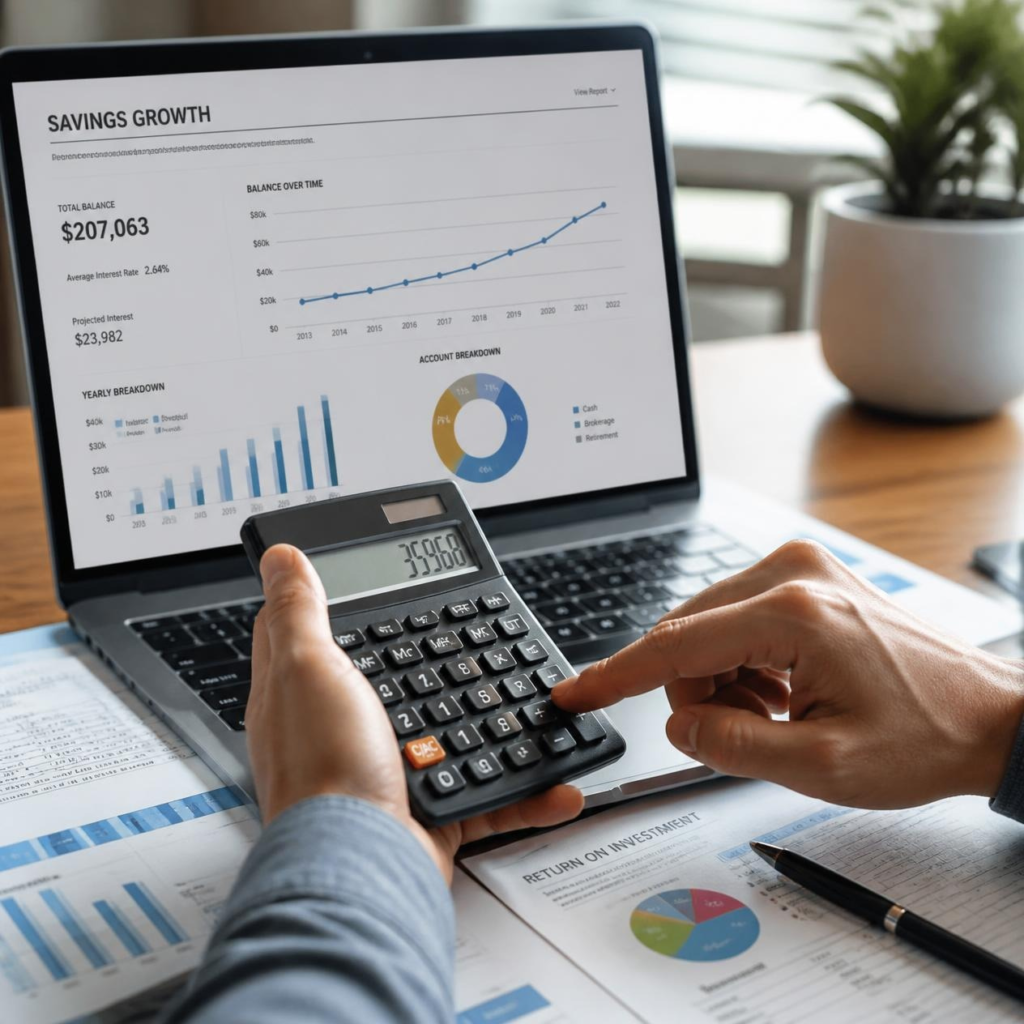 Investor reviewing savings growth and compound interest