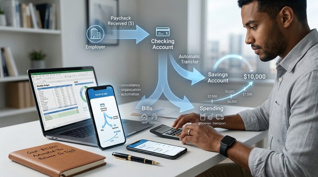 Automatic transfer moving money from a checking account to savings
