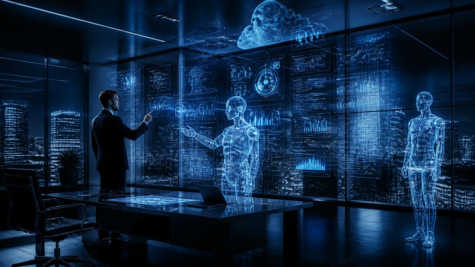 Professional using multiple AI agents through futuristic dashboards in a modern workspace.