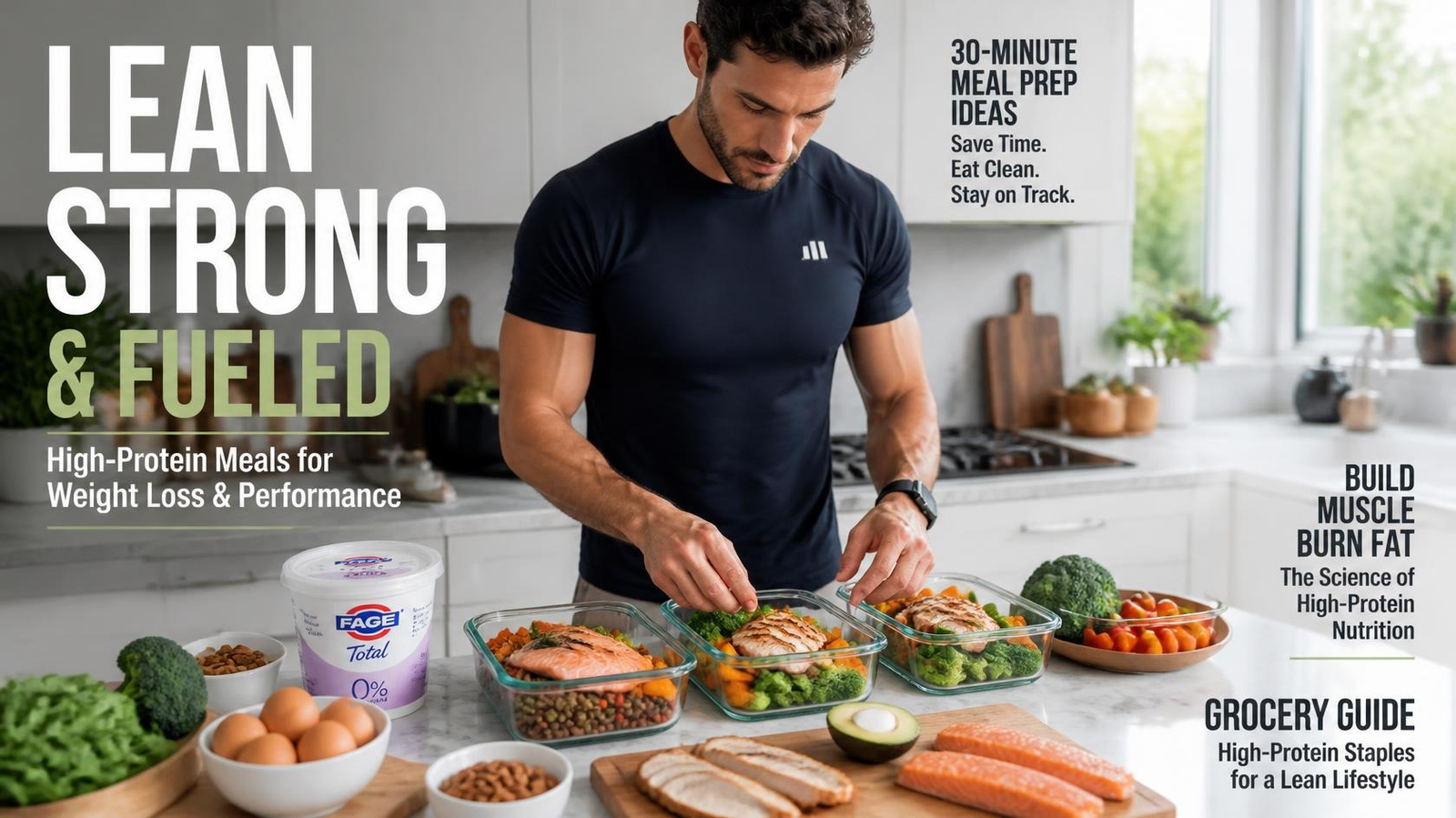 Fit adult preparing a healthy high-protein meal with chicken, salmon, eggs, Greek yogurt, lentils, and vegetables for weight loss