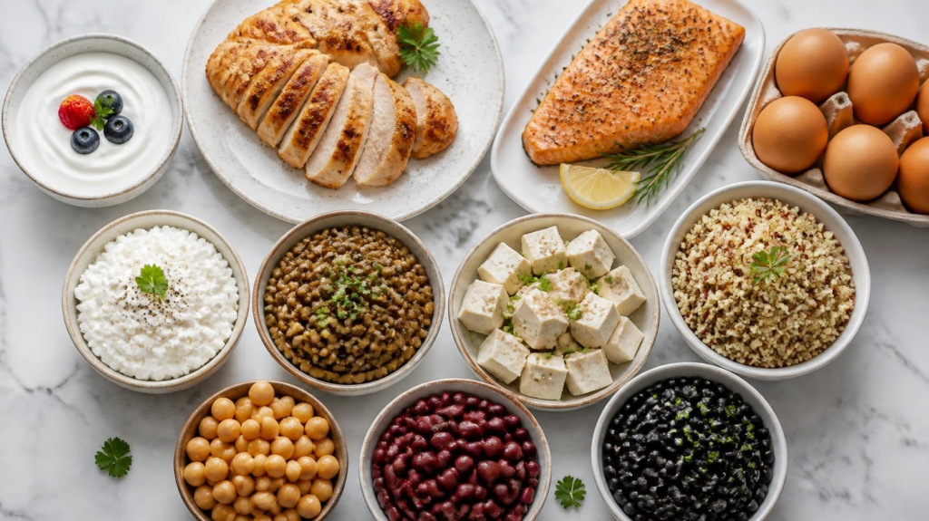 Comparison of chicken, salmon, eggs, Greek yogurt, lentils, tofu, beans, quinoa, and other high-protein foods
