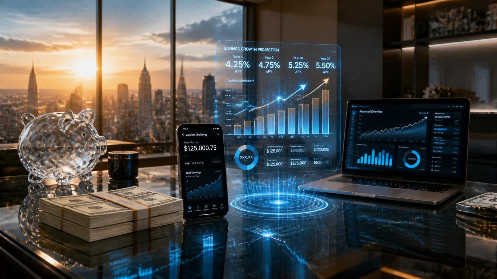 Premium financial illustration showing the best high-yield savings accounts with APY growth charts, online banking dashboard, compound interest visualization, and U.S. dollar savings.