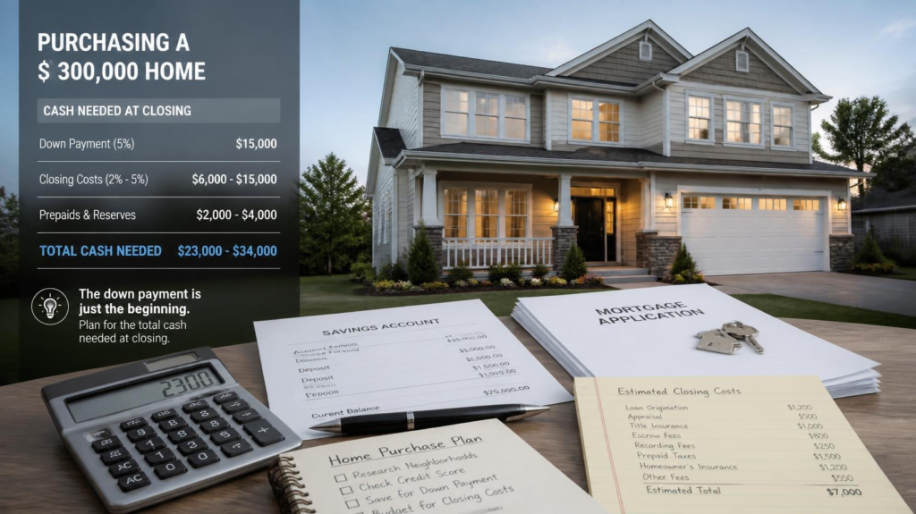 Cash needed to buy a $300,000 house with a down payment and closing costs