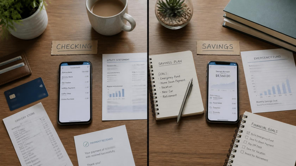 Checking account and savings account comparison showing spending and saving