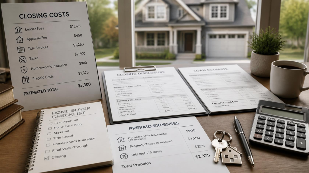 Closing costs when buying a house including lender fees taxes insurance and title costs
