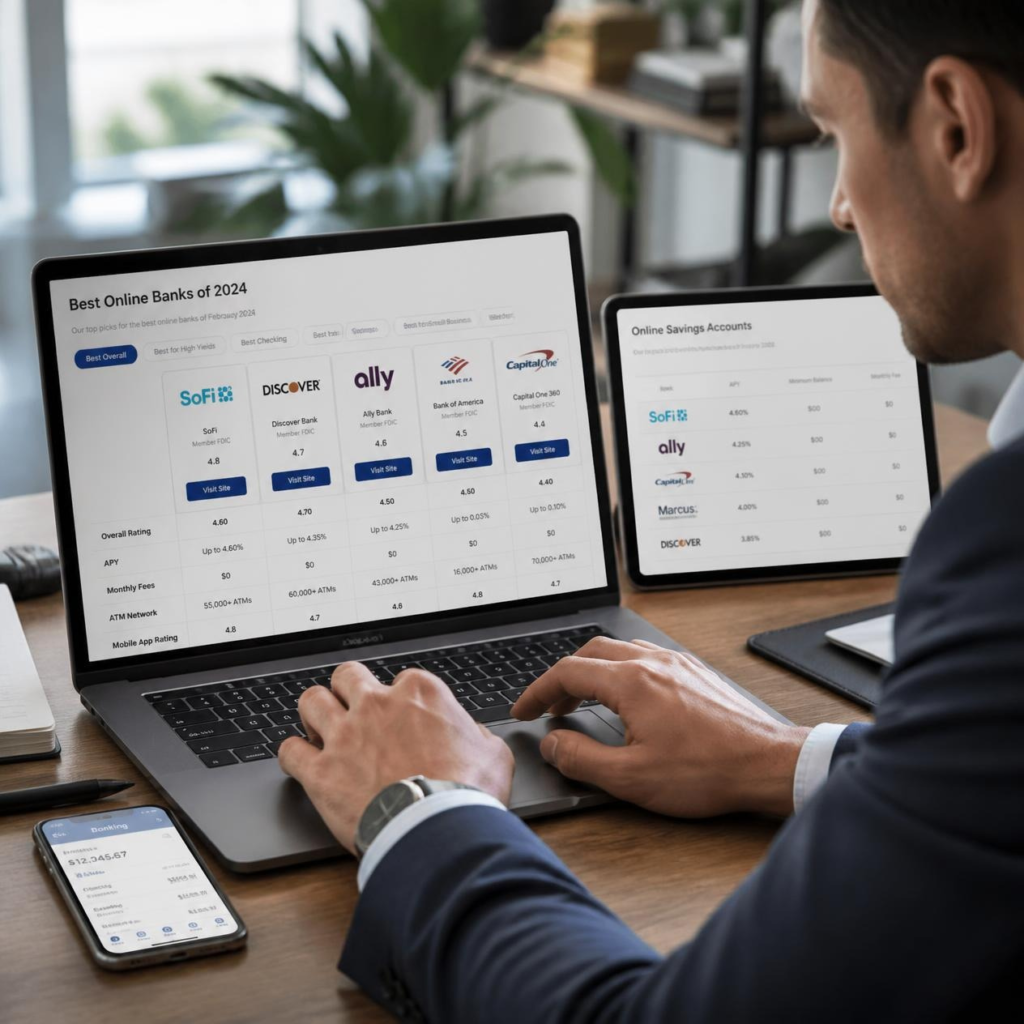 Person comparing online savings accounts on multiple digital devices