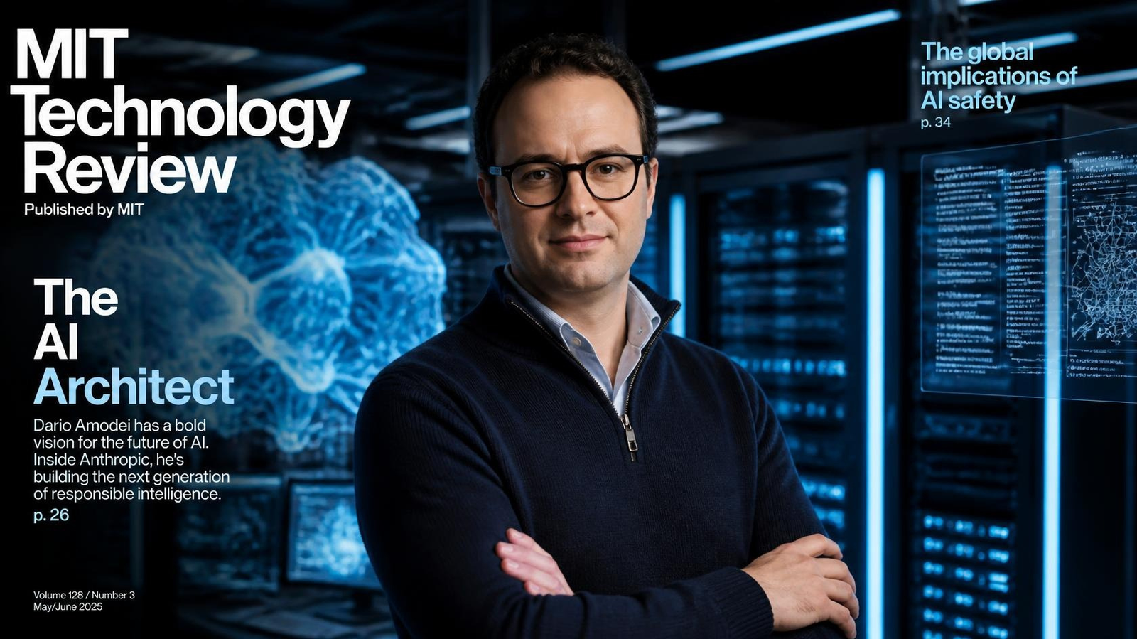 Anthropic CEO Dario Amodei discussing AI safety, Claude AI, and the global AI talent war in a futuristic technology environment.