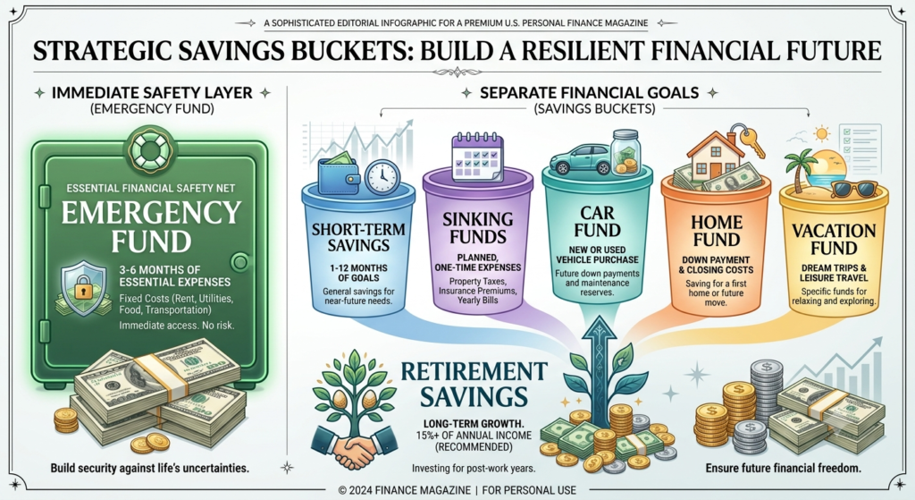 Separate savings buckets for emergencies and planned financial goals