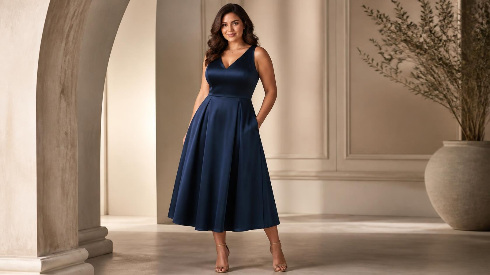 Woman wearing an A-line dress for a pear-shaped body