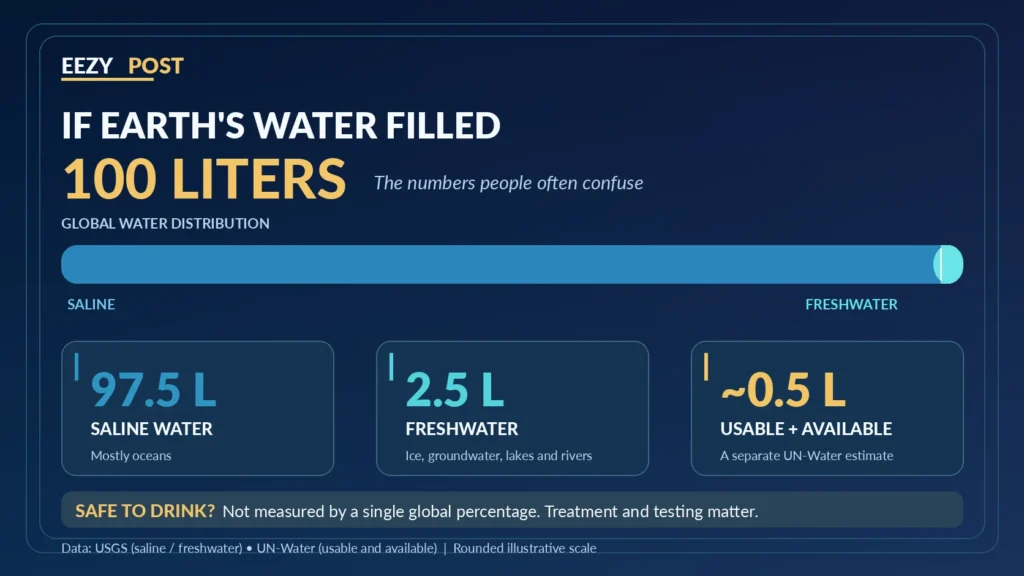 Earth water distribution in 100 liters: 97.5 liters saline, 2.5 liters freshwater, and about 0.5 liters usable and available freshwater
