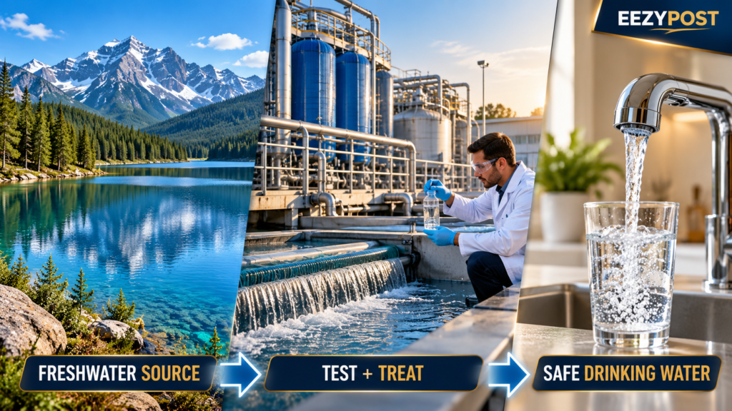 Freshwater lake, water treatment and testing plant, and treated drinking water flowing from a tap