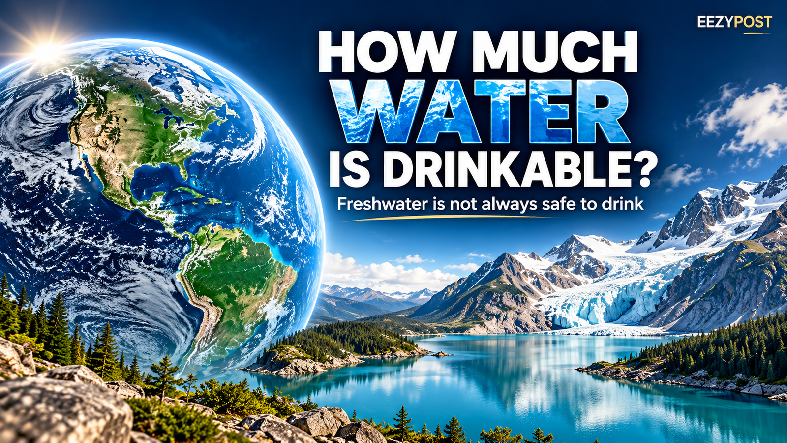 How much drinkable water is on Earth, illustrated with the planet and freshwater landscape