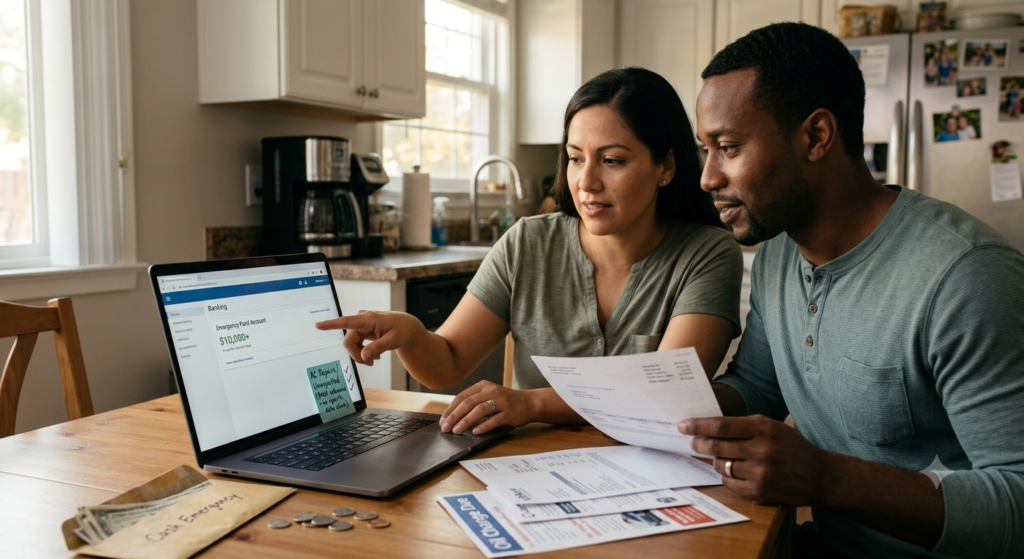 Household reviewing emergency savings for an unexpected expense