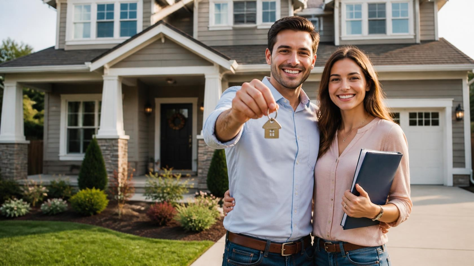 First time home buyers standing outside their new house with keys