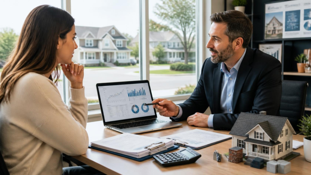 First time home buyer comparing mortgage options with an advisor