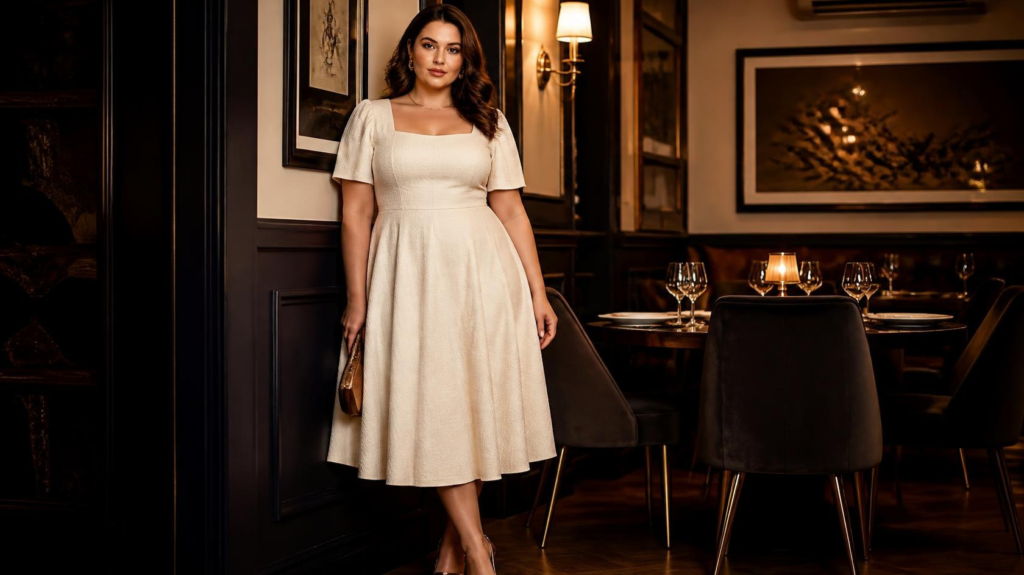Fit-and-flare midi dress with defined waist for a pear shape