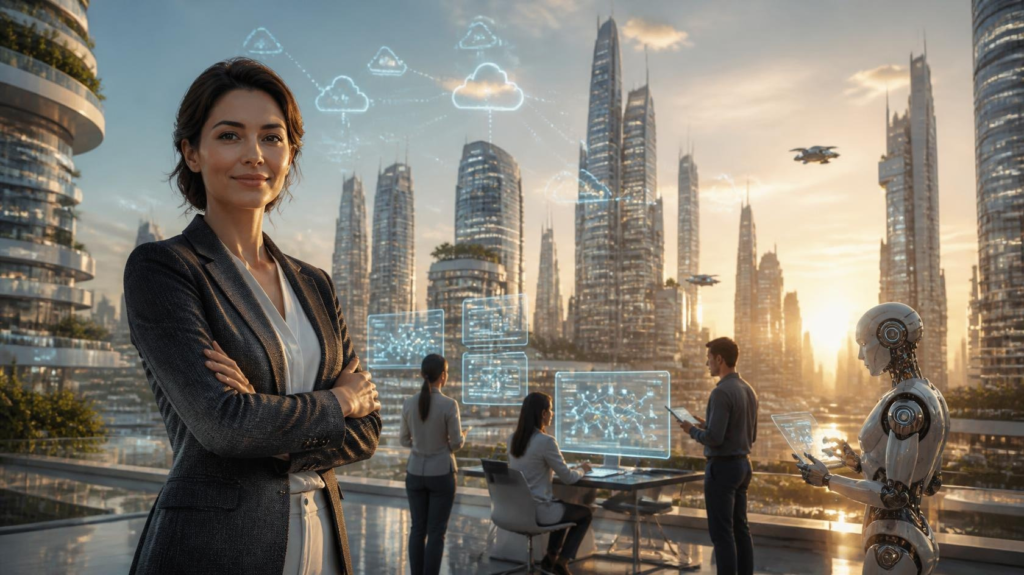 Professional overlooking a futuristic city where humans and AI agents work together responsibly.