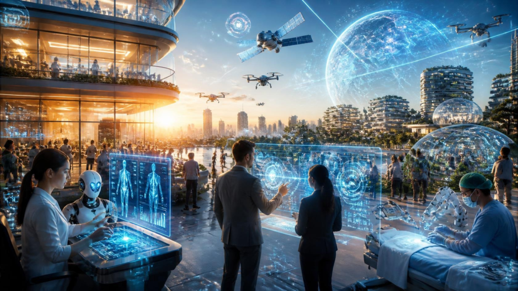 People collaborating with advanced AI agents across business, education, healthcare, and technology.