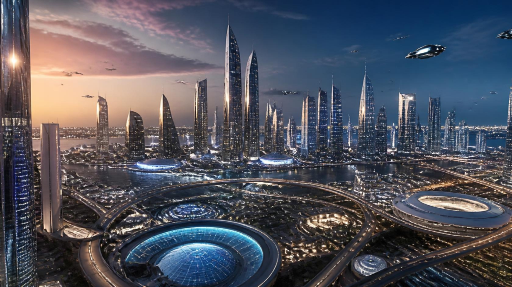 Futuristic city powered by artificial intelligence representing the future of AI innovation.