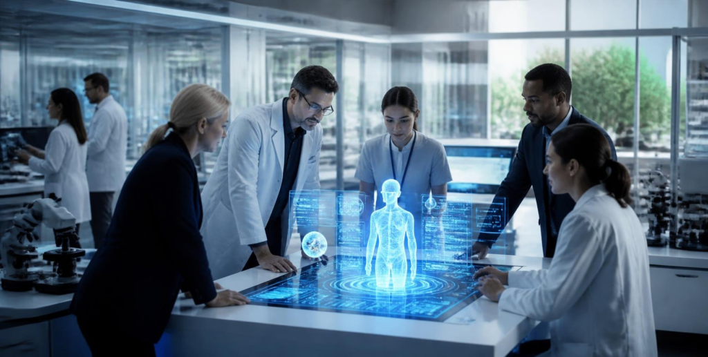 Professionals collaborating with advanced artificial intelligence inside a modern innovation center.