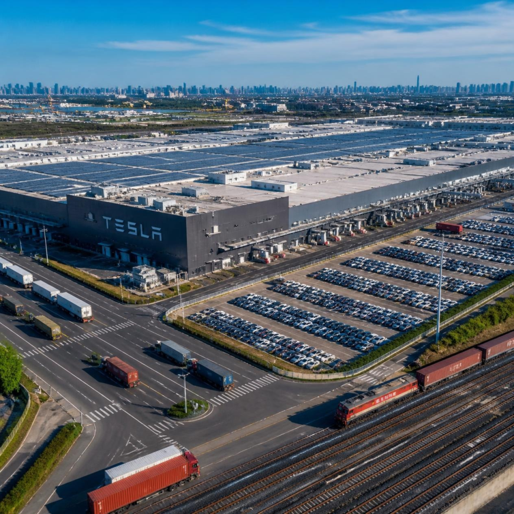 Large electric vehicle manufacturing facility inspired by Tesla's Shanghai Gigafactory with vehicles prepared for export.