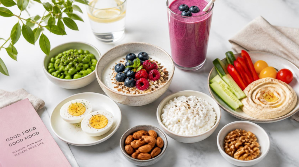 Greek yogurt, berries, boiled eggs, cottage cheese, nuts, edamame, hummus, and protein smoothie arranged as healthy snacks