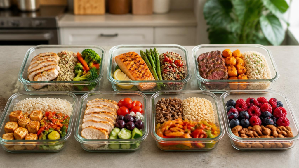 Seven healthy high-protein meal prep containers with lean proteins, vegetables, quinoa, rice, and healthy snacks
