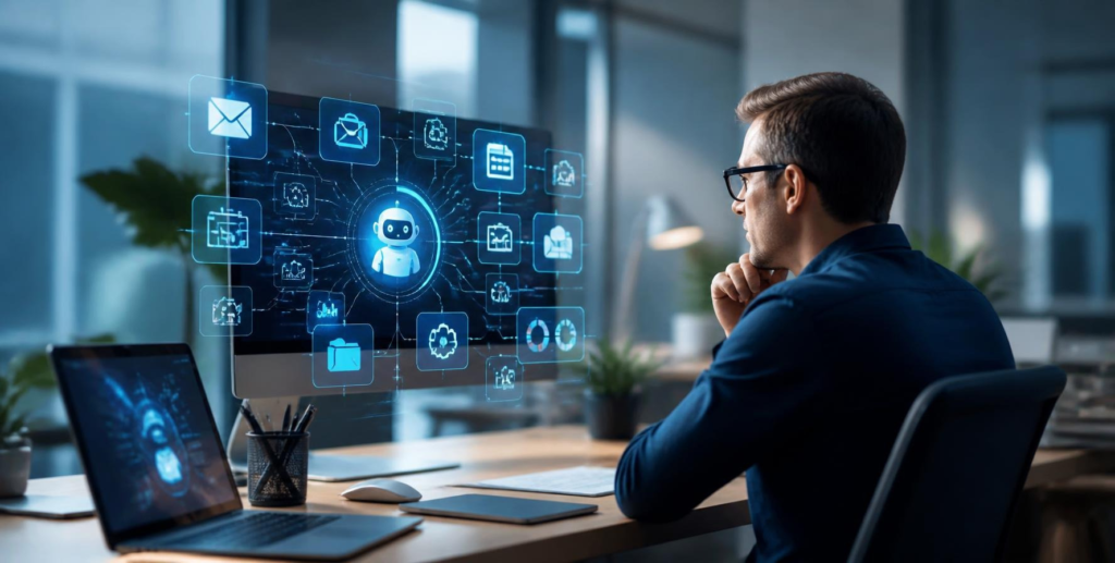Professional using an advanced AI agent to automate multiple digital workflows.