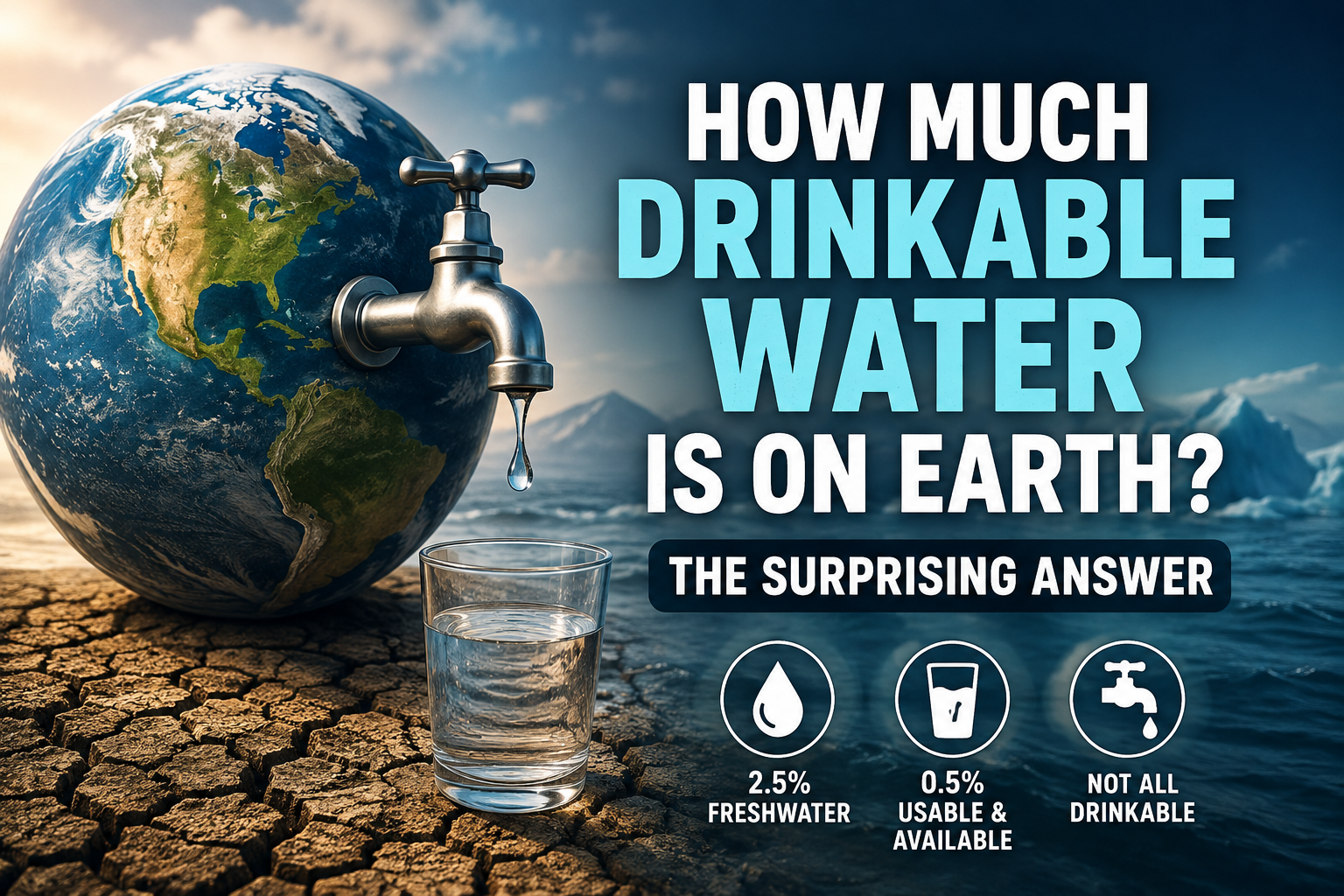 Earth viewed from space showing the planet's vast water supply. How much drinkable water is on earth