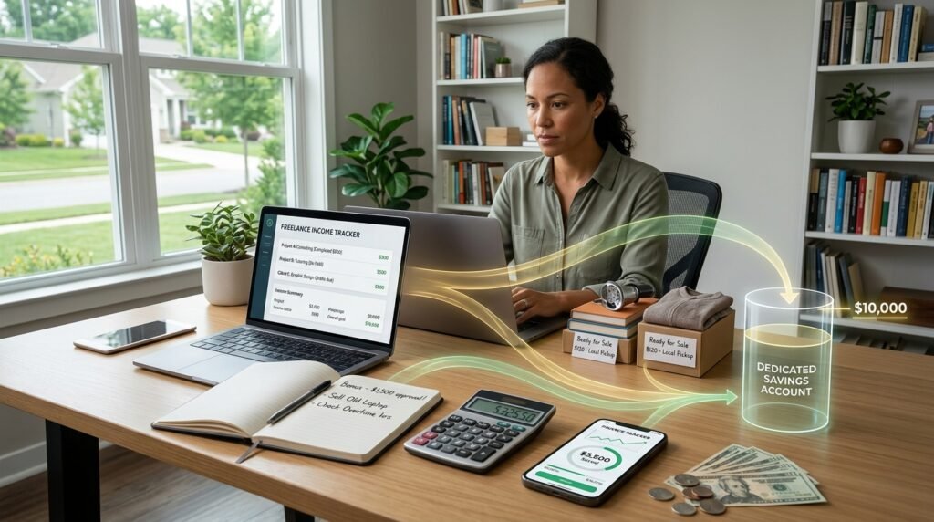 Home workspace representing extra income used to build savings
