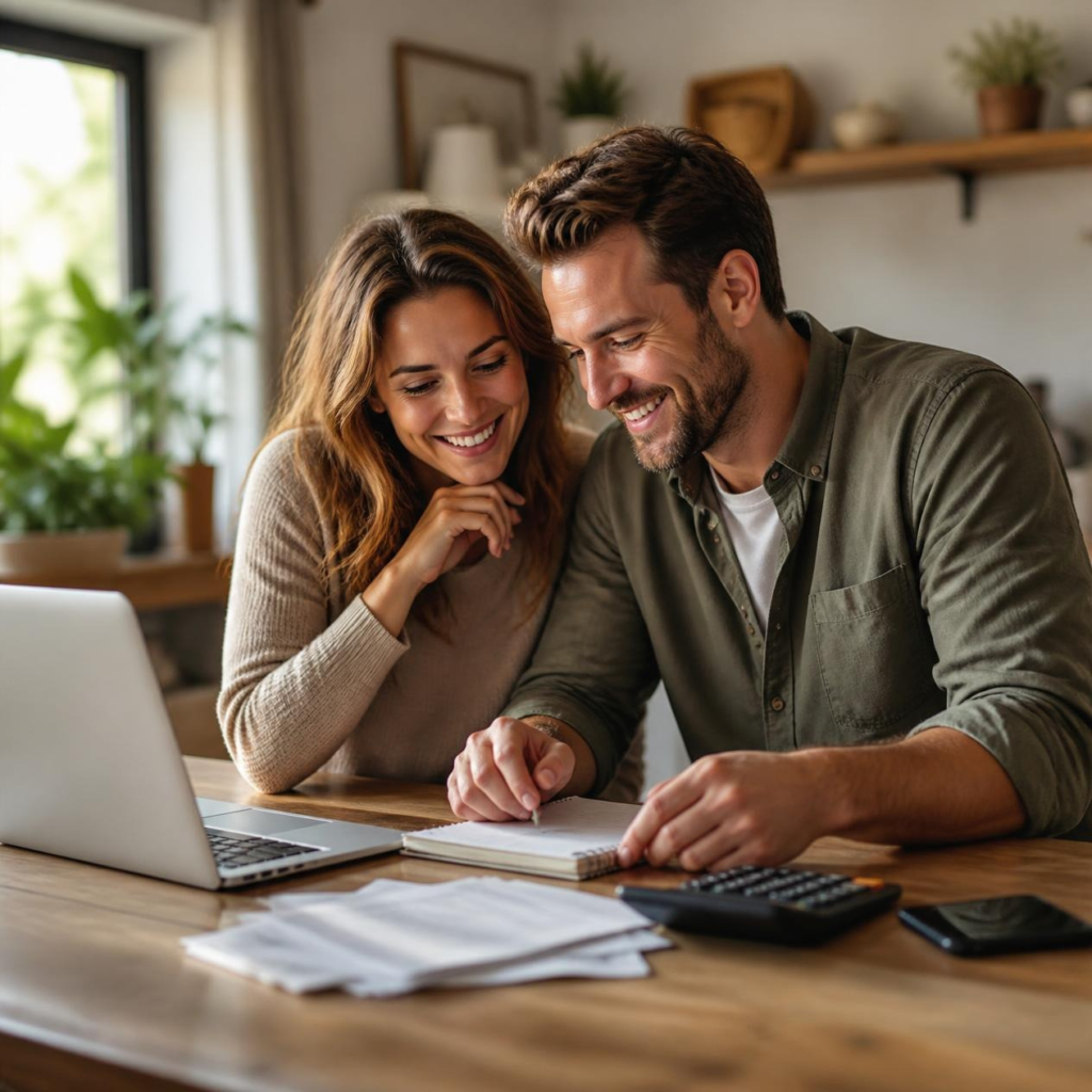 Couple planning long-term savings goals at home