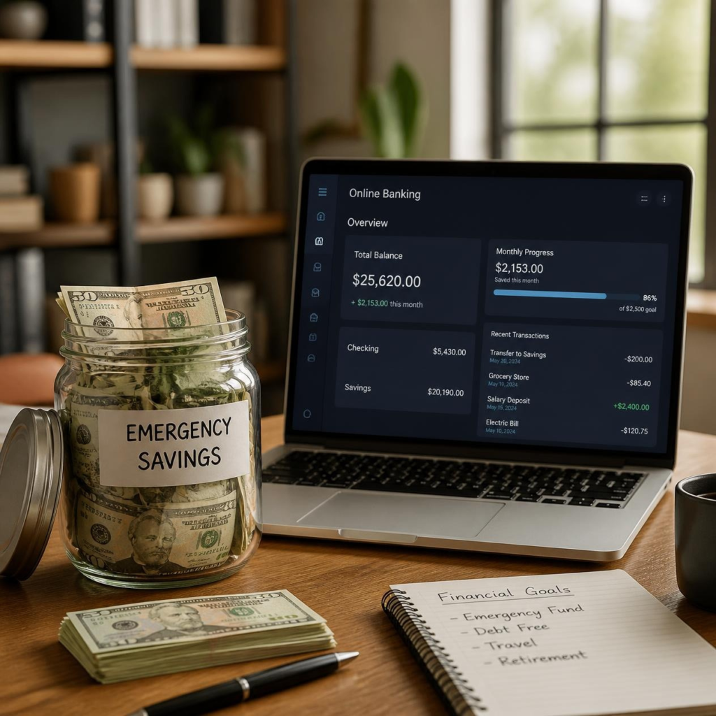 Emergency fund savings jar with laptop showing online banking