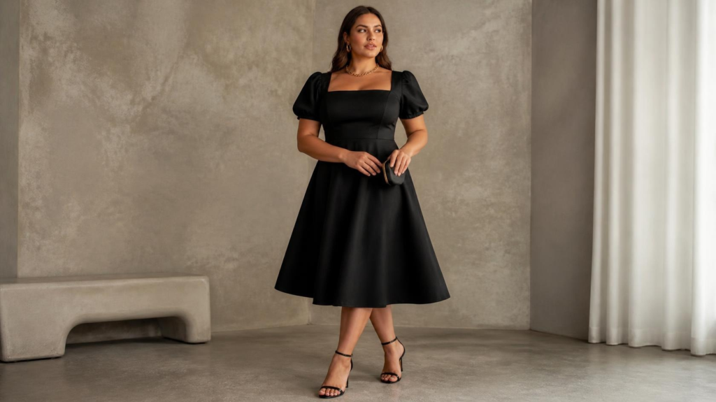 Square neckline and statement sleeves on a pear-shaped dress