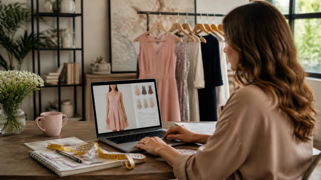 Woman checking dress measurements while shopping online