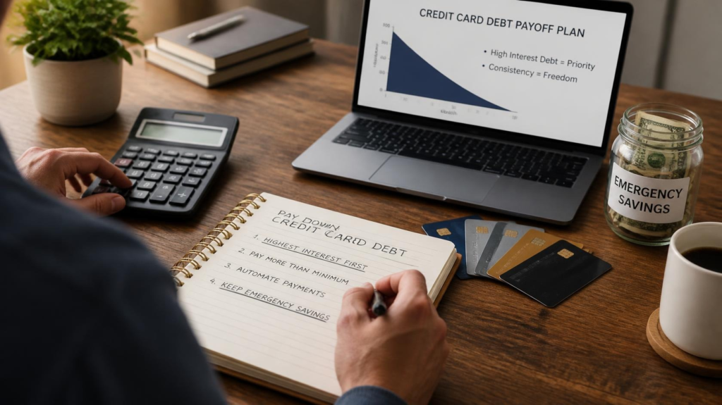 Person deciding whether to pay off credit card debt or save money