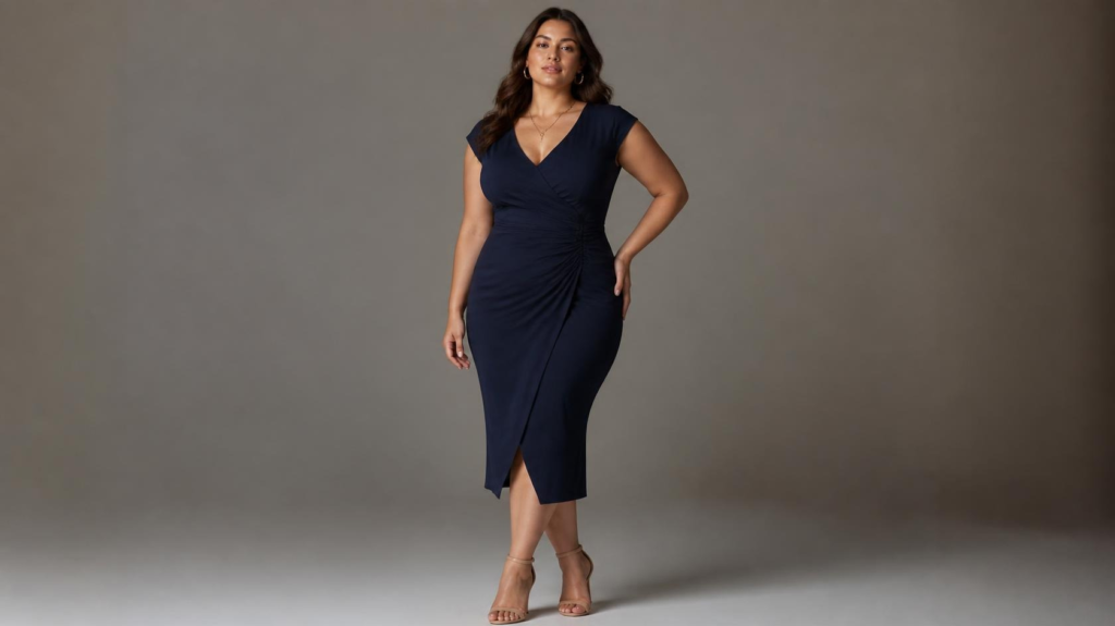 Adult woman with a pear-shaped body wearing a defined-waist midi dress