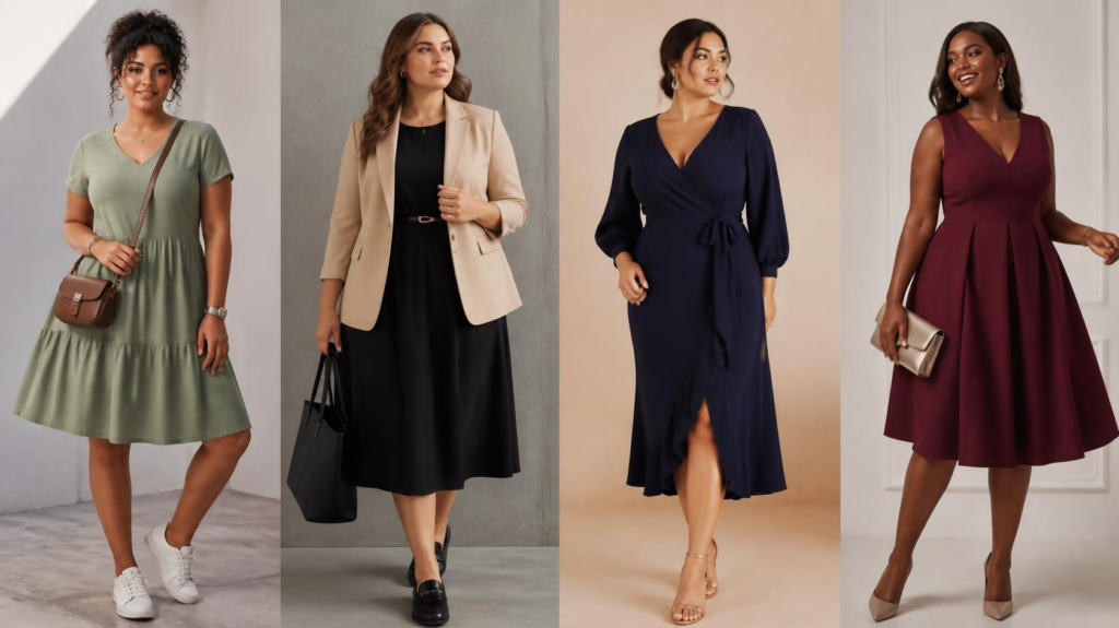 Four dress outfit ideas for pear-shaped body styling
