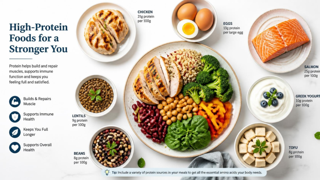 Balanced plate surrounded by chicken, eggs, fish, Greek yogurt, beans, lentils, and tofu illustrating protein-rich foods