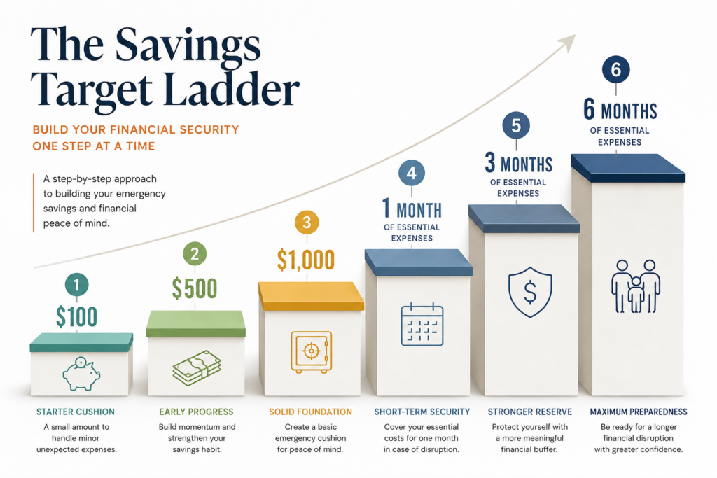 Savings target ladder from $100 to six months of expenses