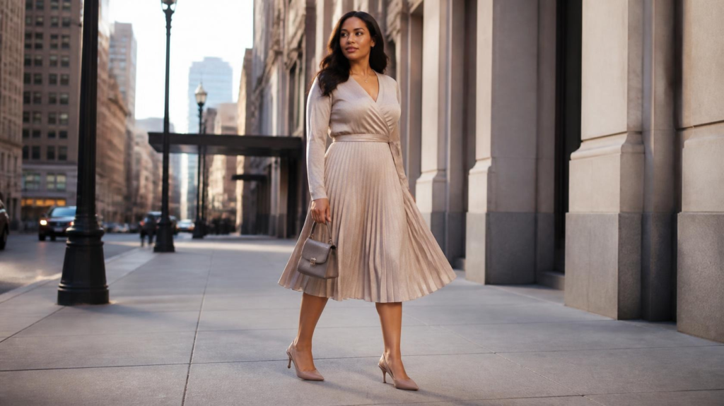 Woman wearing a midi dress with slingback heels for a pear shape
