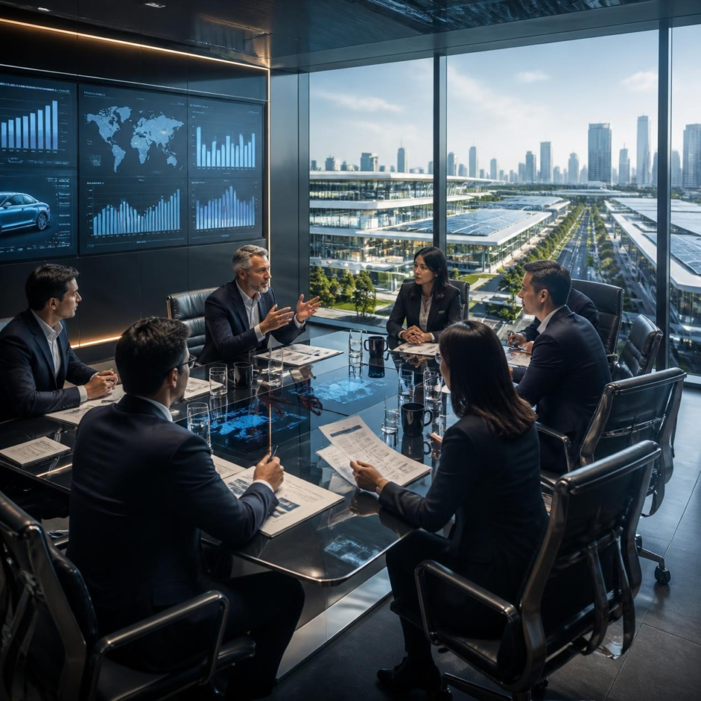 Business executives discussing international manufacturing and corporate strategy