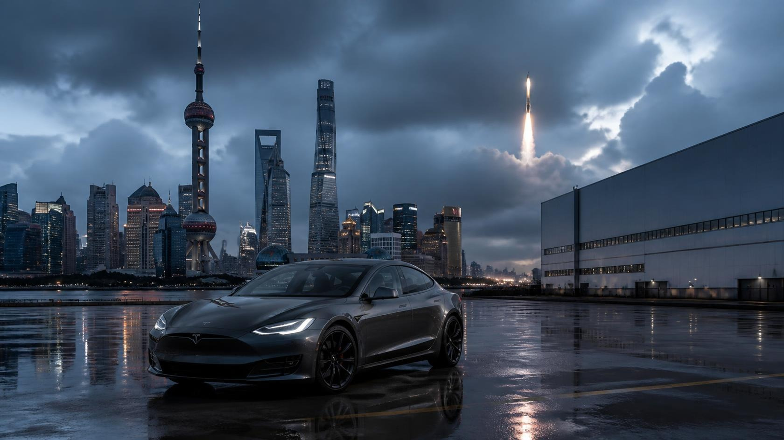 Tesla vehicle with the Shanghai skyline and a SpaceX rocket launch illustrating reports about Tesla's China business and merger speculation.