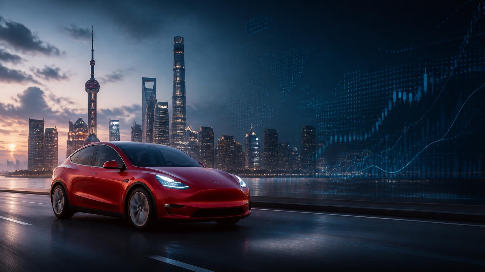 Red Tesla driving through Shanghai skyline illustrating Tesla China sales rumors and the Chinese electric vehicle market.
